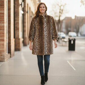 Designer Hillmoor N Y Vintage Animal Print Padded Shoulder Faux Fur Coat Med